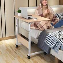 Height Adjustable Mobile Laptop Table | Rolling Overbed Workstation With Metal Frame & Castor Wheels - Light Wood Color - View 8