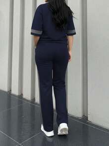 2pcs Women's Spring/Autumn Round Neck Short Sleeve T-Shirt And Elastic Waist Loose Pants Set, Casual Daily Wear - 皇家藍 66 - 查看 6