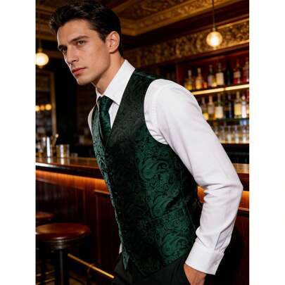 Plus Size Men's Cashew Jacquard Single-Breasted Casual Waistcoat, Business & Travel