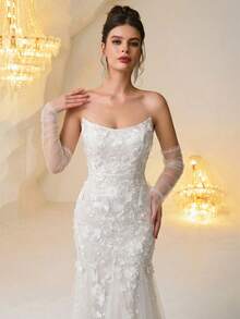 Allover Print Patchwork Party Ruffle Sequin Mesh Patchwork Formal Evening Strapless Dress Wedding White Spring - White - View 7