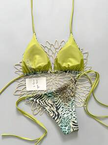 Bộ bikini hai mảnh họa tiết da báo cổ điển gợi cảm năm 2025 dành cho nữ, thích hợp cho kỳ nghỉ hè trên bãi biển. - Màu xanh lá cây đậm - Xem 2