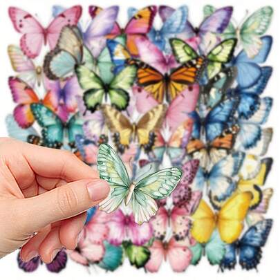50张彩色蝴蝶贴纸 - 防水透明装饰贴纸，适用于笔记本电脑、记事本、DIY项目、滑板、吉他、头盔、马克杯等，乙烯基材质。