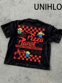 Disney UNIHLO   GETIFREE PIZZAVHEN YOU ORDER2 LARGE PIZZAS  Printed Summer Heavyweight Retro Washed Street Fashion Casual T-Shirt - 黑色 - 查看 6