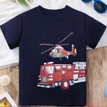 Boys' And Girls' Fire Truck Print T-Shirt, 100% Cotton - Navy Blue - View 1