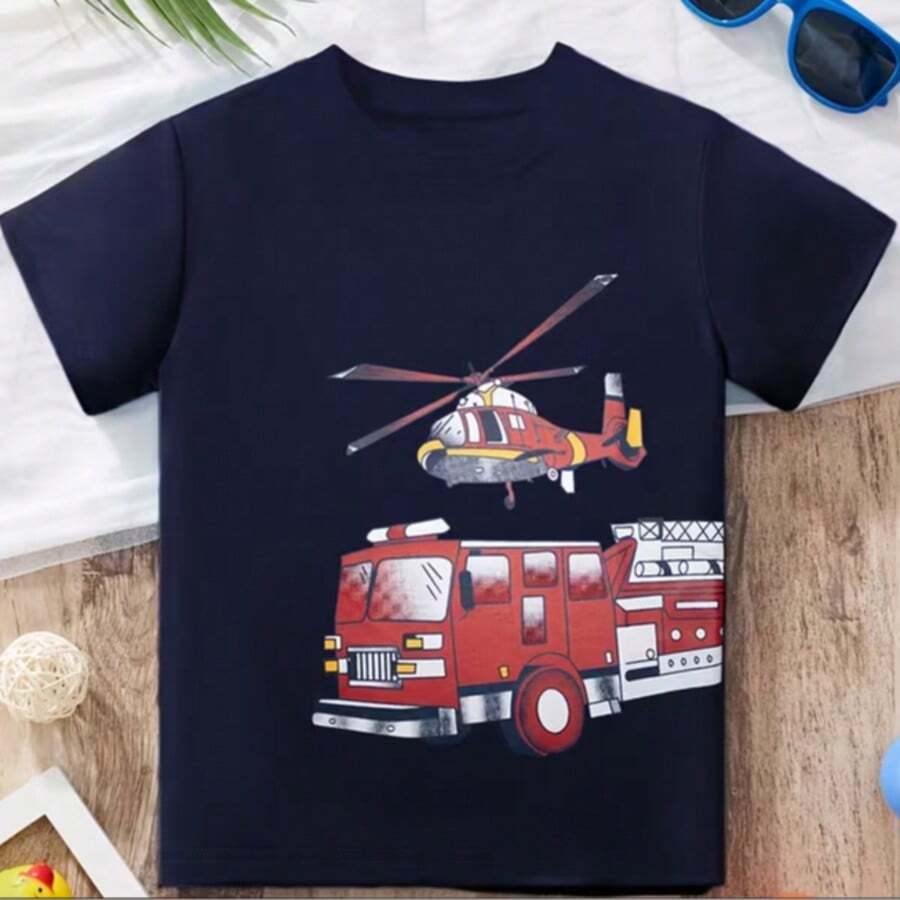 Boys' And Girls' Fire Truck Print T-Shirt, 100% Cotton - Navy Blue - View 1