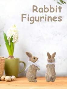 Resin Woven Texture Rabbit Figurine Set (With White Ribbon) - Adorable Rabbit Design, Suitable For Placing On Living Room Shelves, Patio Tables, And Vanity, Creating A Warm And Charming Atmosphere, A Popular Accessory For Fashionable Indoor And Outdoor Decor. Easter Decoration, Easter Gift - Multicolor - View 12