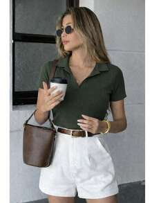Women's Polo Shirt, Short Sleeve, Cotton, Simple, Casual, Knit, Everyday Wear - Army Green - View 2