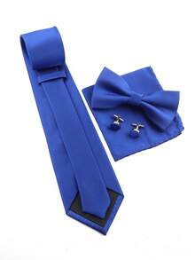 ZONFAZ 4pcs Men's Business Minimalist Solid Ribbed 8cm Necktie, Bow Tie, Pocket Square & Cufflinks Combo Set, Suitable For Weddings, Parties And Daily Commute - Blue - View 4