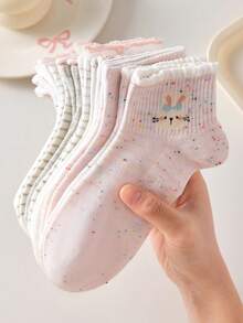 4 pares de calcetines de tobillo para mujer con diseño de conejo y lazo, transpirables y lindos, calcetines invisibles tipo barco, en colores blanco y rosa, adecuados para uso casual diario, colores aleatorios, aptos para primavera, verano, otoño e invierno - Ver 1