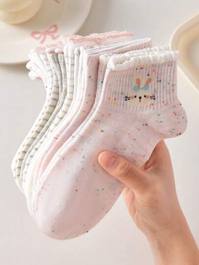 4 Pairs Women Cute Breathable Cartoon Rabbit Bow Pattern Ankle Socks, Invisible Boat Socks, White Socks, Pink Socks, Suitable For Casual Daily Wear, Random Colors, Suitable For Spring, Summer, Autumn And Winter