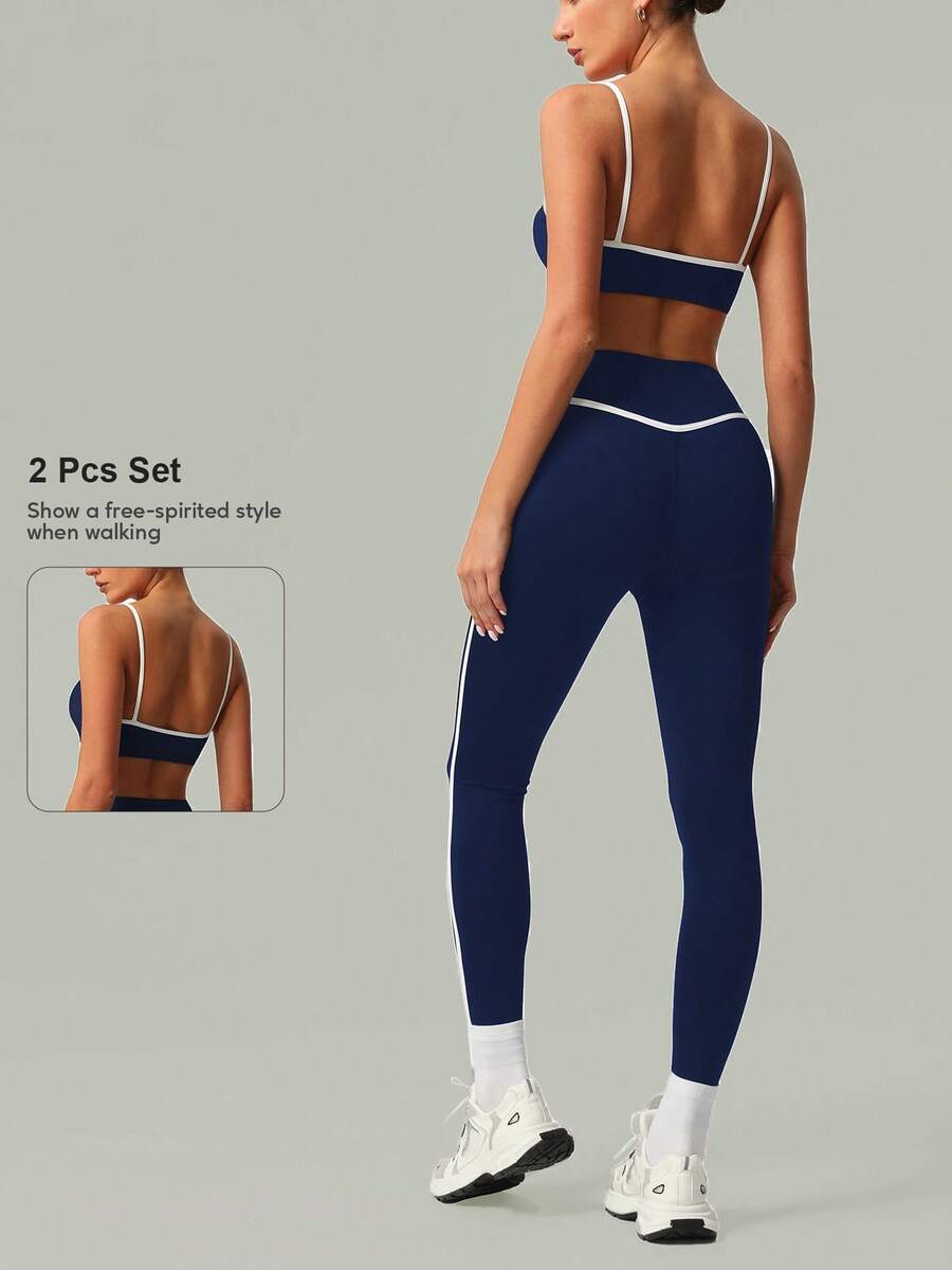 2 PCS CO Ord Set Spring And Summer Women Fashion White Line Yoga Sports Bra And Leggings