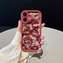 5-In-1 Set: Burgundy Lip Print Phone Case + Charger Head Cover + Cable Protector + Storage Cord, TPU Shockproof Protective Case Compatible With Apple Phones - Burgundy - View 5