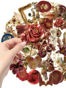 1Set Transparent Golden Foil Stickes Red Aesthetic Stickers Imperial Court Stickers Craft Supplies PET Vinyl Sticker - Multicolor - View 4