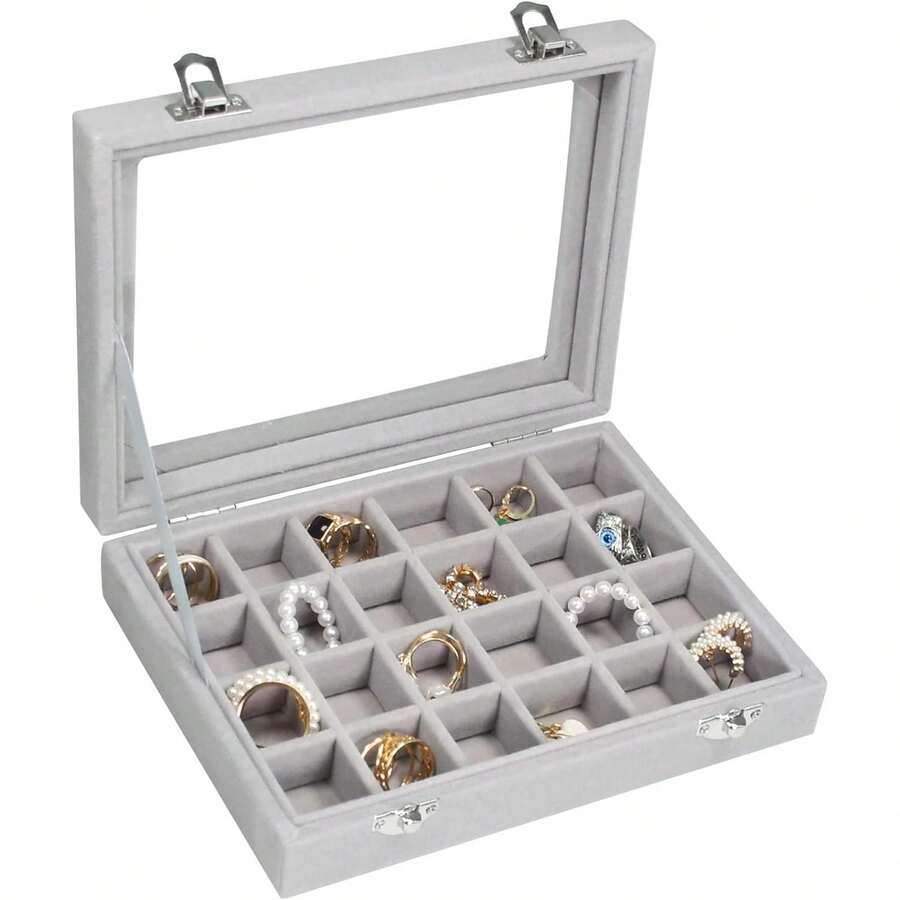 Jewelry Box 24 Grid Jewelry Ring Display Organiser Box Tray Holder Earrings Storage Case For Girls Wife Mom Women - Gray - 查看 1