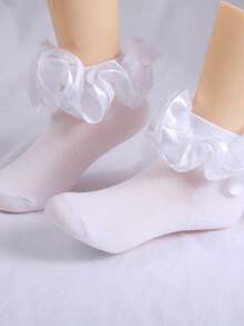 1 Pair Girls' Solid Color Cotton Double-Layer Bow Ruffle Socks, Princess Style Short Socks, Breathable For Spring/Summer - White - View 2