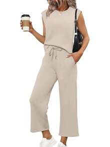 Women's Casual Two Piece Set Travel Vacation Outfit With Wide Leg Crop Pants Set - Beige - View 2