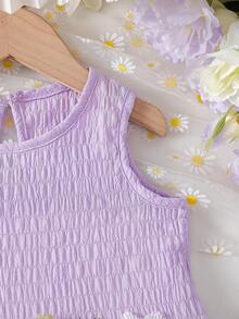 Baby Girls' Cute Solid Color Round Neck Sleeveless Ruffle Hem 3D Floral Top And Ruffle Hem Shorts 2 Piece Outfit, Suitable For Daily Outings In Spring/Summer - Purple - View 6