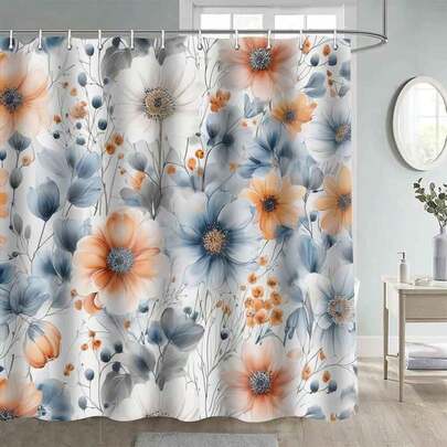 1pc Sweet Plant Flower Shower Curtain, Fashionable Plant Flower Printed Shower Curtain, Suitable For Various Room Decoration Partitions, Bathroom Accessories Decoration Shower Curtains, Bathtub Curtains