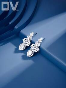 1 Pair Luxury Cubic Zirconia White Gold Plated Pendant Earrings, Elegant Jewelry Gift For Women, Suitable For Date, Wedding, Party, Anniversary, Comes With Gift Box - Silver - View 2