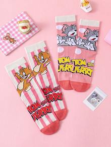 Noctvar OBM Sleepwear X TOM & JERRY 2双猫鼠图案女士短袜，可爱卡通爱心设计短袜，时尚猫鼠图案女士袜，傲娇兔子图案透气休闲男女通用袜，适合学生/成人作为礼物或日常穿着，情侣款 - 彩色 - 查看 3