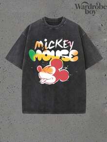 Disney Printed Wash Water T-Shirt,Men's Watercolor Graffiti Mickey Print T-Shirt,Unisex,High-Quality Pure Cotton T-Shirt,Suitable For All Seasons, Comfortable And Breathable| Exquisite Design | The Best Choice For Giving Gifts - 黑色 - 查看 3