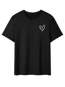 Men's Casual Heart Print Round Neck Short Sleeve T-Shirt, Summer - Black - View 2