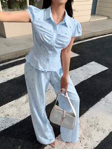 abyoxi Women's Light Blue Striped Bow Tie Ruffle Front Loose Wide Leg Pants 2 Piece Set, Elegant & Sweet, Casual, Work, Daily Wear, Date, Valentine's Day, Fitted Top With Long Pants Spring/Summer Outfit - Light Blue - View 6