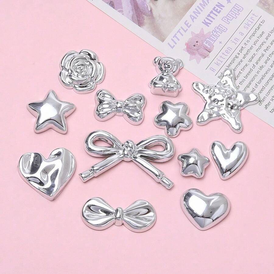 5/8/10pcs Creative Silver Glitter Heart & Bow Cartoon Fridge Magnets, Cute Decorative Magnets, Personalized For Kitchen, Office, Whiteboard, Dishwasher, Kitchen Decor, Home Decor, Room Decor, Holiday & Party Gifts For Friends - Multicolor - View 1