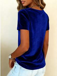 Solid Velvet Draped Collar Short Sleeve Top Summer - Blue - View 2