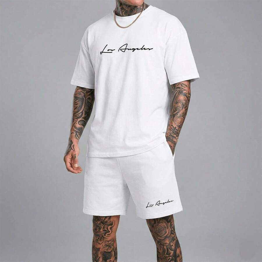 Kit 2 Men's Set Los Angeles T-Shirt 100% Cotton + Comfortable Summer Tactel Shorts - Đen và trắng - Xem 1