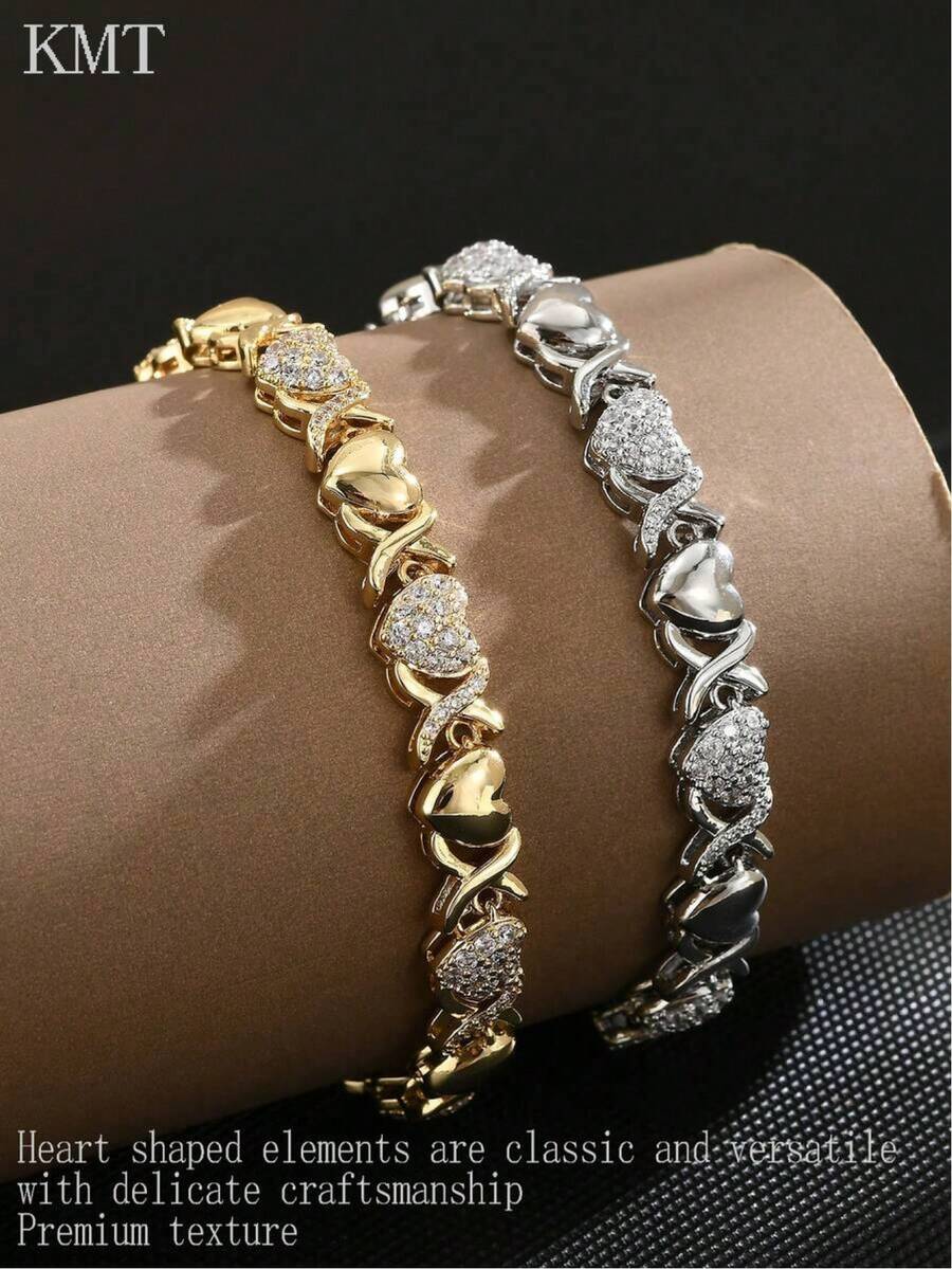 1pc Elegant Couple Bracelet, Copper Inlaid Zirconia, Exquisite Heart-Shaped Splicing, High Luster, Luxury Women Tennis Bracelet, Gift For Friends - Love Model - View 1