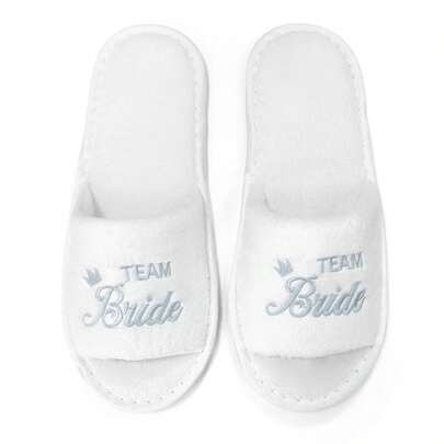 28cm Length Light Blue Crown Pattern & Teambride Embroidered Logo Half-Covered Open-Toe White Coral Velvet Disposable Slippers, Wedding Bridesmaid