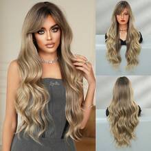 7JHH WIGS Ombre Blonde Extra Long Wave Wigs For Women 28 Inch Extra Long Wavy Wig With Side Curtain Bangs, Heat Resistant Fiber Hair Synthetic Curly Wig For Daily & Music Festival Party Wear, Halloween Cosplay Costume Use Fashion Wig Accessories - 漸變金色 - 查看 12