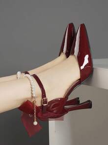 Spring New Fashion Bow Tie Black & Burgundy High Heel Pointed Toe Pumps, French Style Versatile Party & Wedding Shoes For Women - Burgundy - View 1