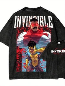 Men's Round Neck Casual Washed T-Shirt, Pure Cotton With Invincible Comic Character Print And Text, Machine Washable, Comfortable For All Seasons, 100% Cotton Lightweight And Breathable, Fan-Favorite Apparel,  Anime Cartoon Merchandise - Black - View 1
