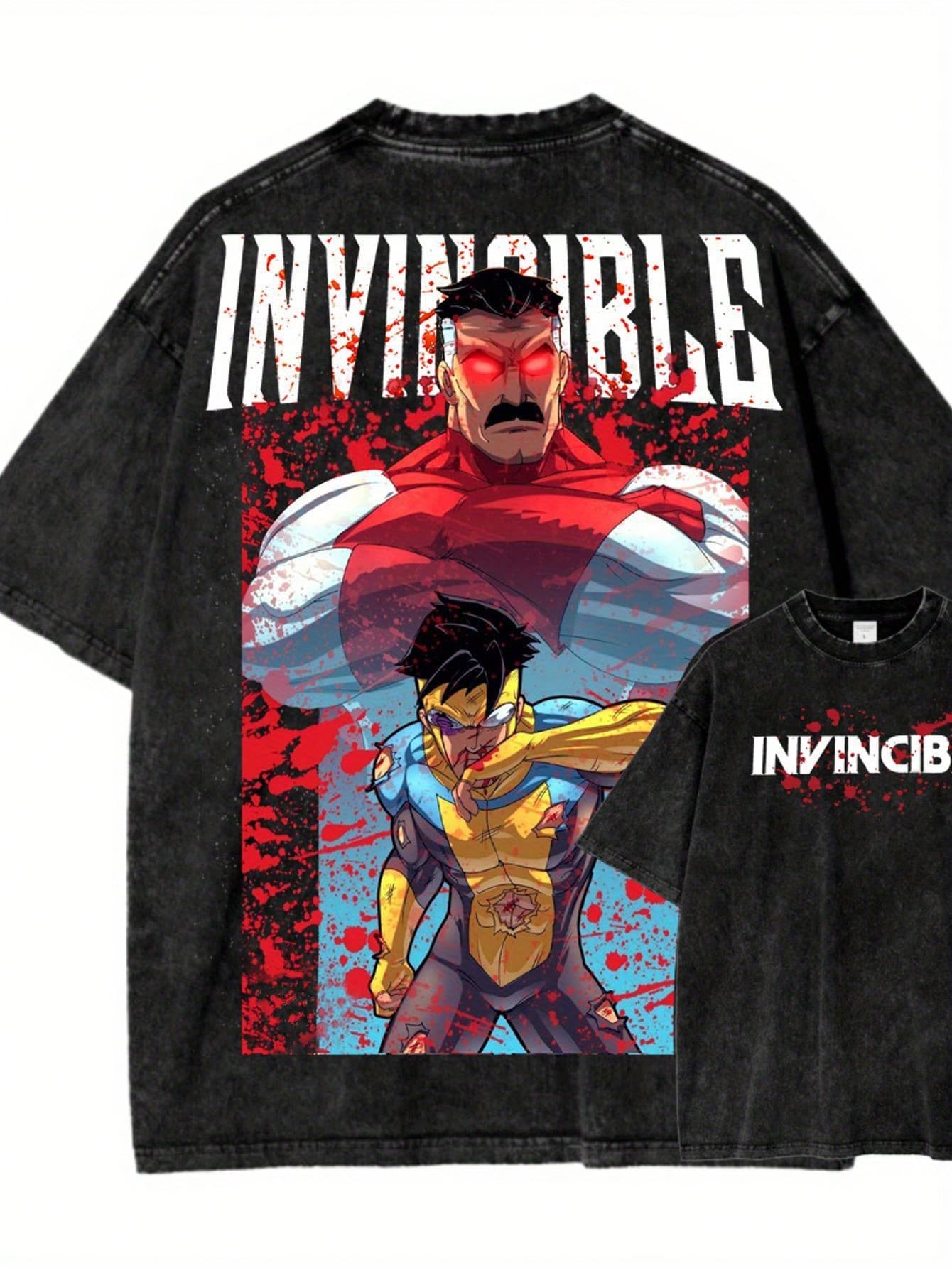Men's Round Neck Casual Washed T-Shirt, Pure Cotton With Invincible Comic Character Print And Text, Machine Washable, Comfortable For All Seasons, 100% Cotton Lightweight And Breathable, Fan-Favorite Apparel, Anime Cartoon Merchandise - Black - View 1