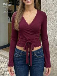 Women Long Sleeve T-Shirts Lace Trim Tie-Up V-Neck Shirts Spring Fall Slim Fit Casual Tops - Màu Đỏ Sâu - Xem 4