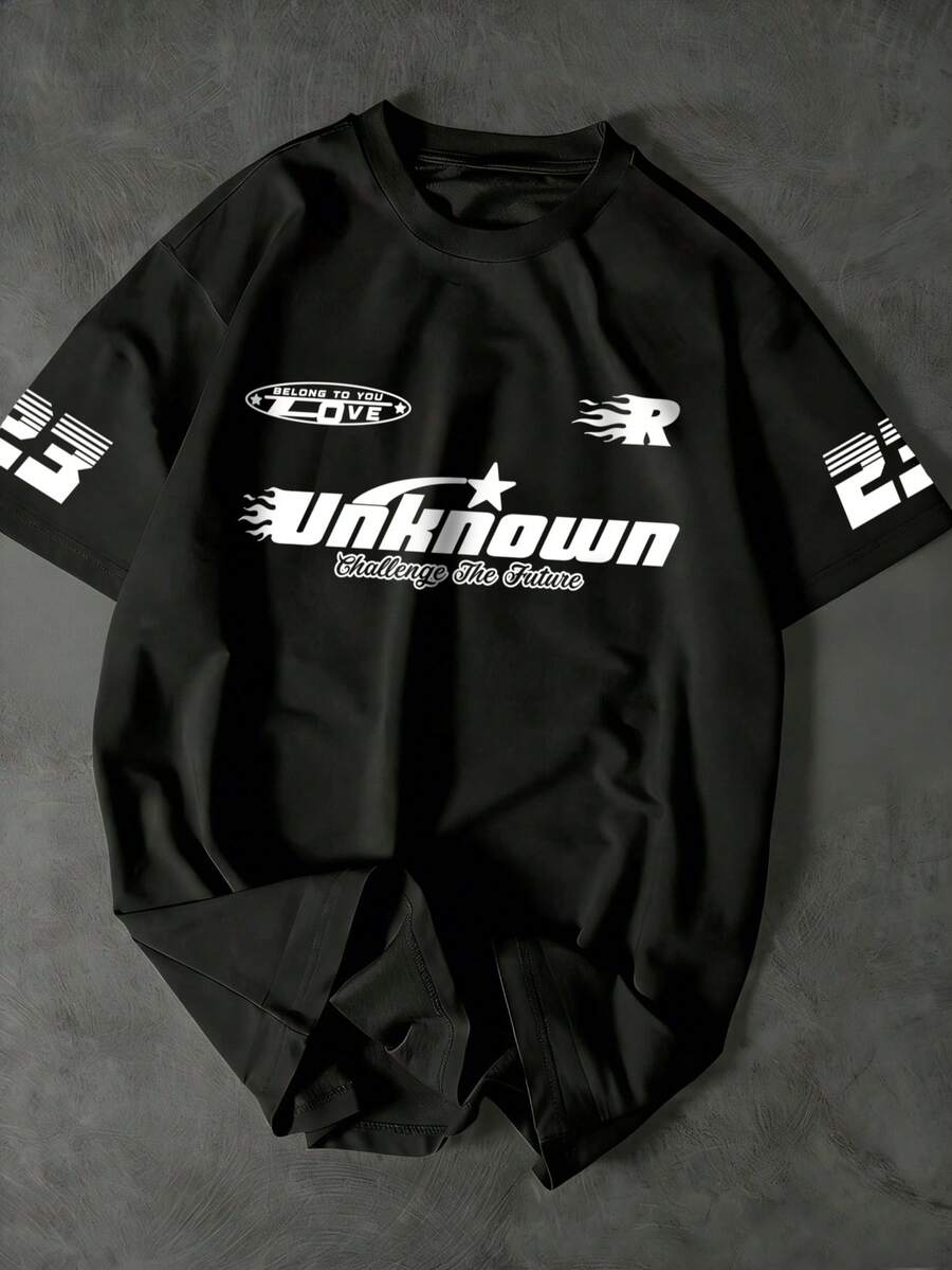 Teen Boys' Fashion Sporty College Style Letter Graphic Print Short Sleeve T-Shirt - Black - View 1