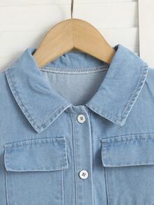 Tween Girls' Light Blue Denim Sleeveless Knee-Length Dress, Casual Sweet Minimalist Style, Summer - Blue - View 2