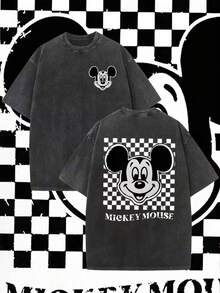 Disney Official Mickey Mouse Retro T-Shirt, Classic Black And White Chessboard Design, Loose Men's Shirt, Suitable For Disney Fans' Birthday And Holiday Gifts (Machine Washable), Daily Wear, Retro Pattern T-Shirt, Durable Fabric, Genuine Authorized Clothing, Casual Wear, Family Travel Gifts, Cartoon Printed Tops, High-Quality Fabrics, Essential For Leisure Lovers. - 黑色 - 查看 1