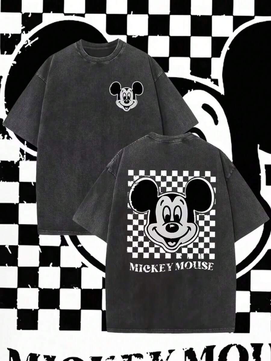 Disney Official Mickey Mouse Retro T-Shirt, Classic Black And White Chessboard Design, Loose Men's Shirt, Suitable For Disney Fans' Birthday And Holiday Gifts (Machine Washable), Daily Wear, Retro Pattern T-Shirt, Durable Fabric, Genuine Authorized Clothing, Casual Wear, Family Travel Gifts, Cartoon Printed Tops, High-Quality Fabrics, Essential For Leisure Lovers. - 黑色 - 查看 1