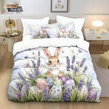 3pcs Easter Cute Rabbit Pattern Digital Printing Duvet Cover Set, Including 1 Duvet Cover And 2 Pillow Shams, No Filler, Soft And Comfortable Bedding, Polyester, Suitable For Indoor Decoration, Home Goods, All Seasons, Fit For Bedroom, Hotel, Homestay, Boys And Girls Room Decor - 6666+SJT+W - View 1