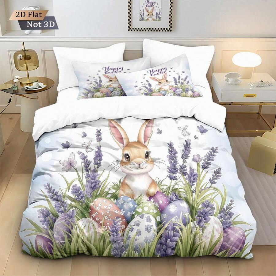3pcs Easter Cute Rabbit Pattern Digital Printing Duvet Cover Set, Including 1 Duvet Cover And 2 Pillow Shams, No Filler, Soft And Comfortable Bedding, Polyester, Suitable For Indoor Decoration, Home Goods, All Seasons, Fit For Bedroom, Hotel, Homestay, Boys And Girls Room Decor - 6666+SJT+W - View 1