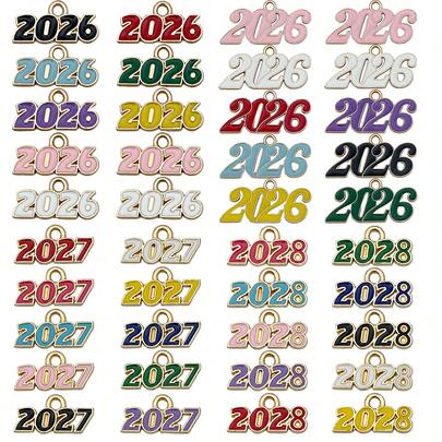 10pcs 2026 2027 2028 Number Enamel Charms Metal Year Signet Colorful Metal Alloy Enamel Year Signet Numbers Graduate Pendants For Jewelry Making Necklace Bracelets DIY Craft Findings