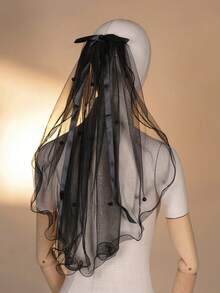 1pc Black Bridal Veil With Faux Pearl Lace Trim, Suitable For Wedding, Party, Eid Festival,Summer,Beach - Black - View 10