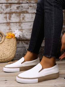 新款一脚蹬平底帆布鞋，舒适休闲乐福鞋，步行鞋，时尚休闲百搭 - 白棕 - 查看 3