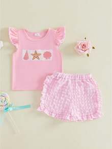 Toddler Baby Girl Outfit Summer Fly Sleeve Starfish Seashell Embroidery T-Shirt Top Plaid Shorts 2PCS Clothes Set - 粉色 - 查看 1