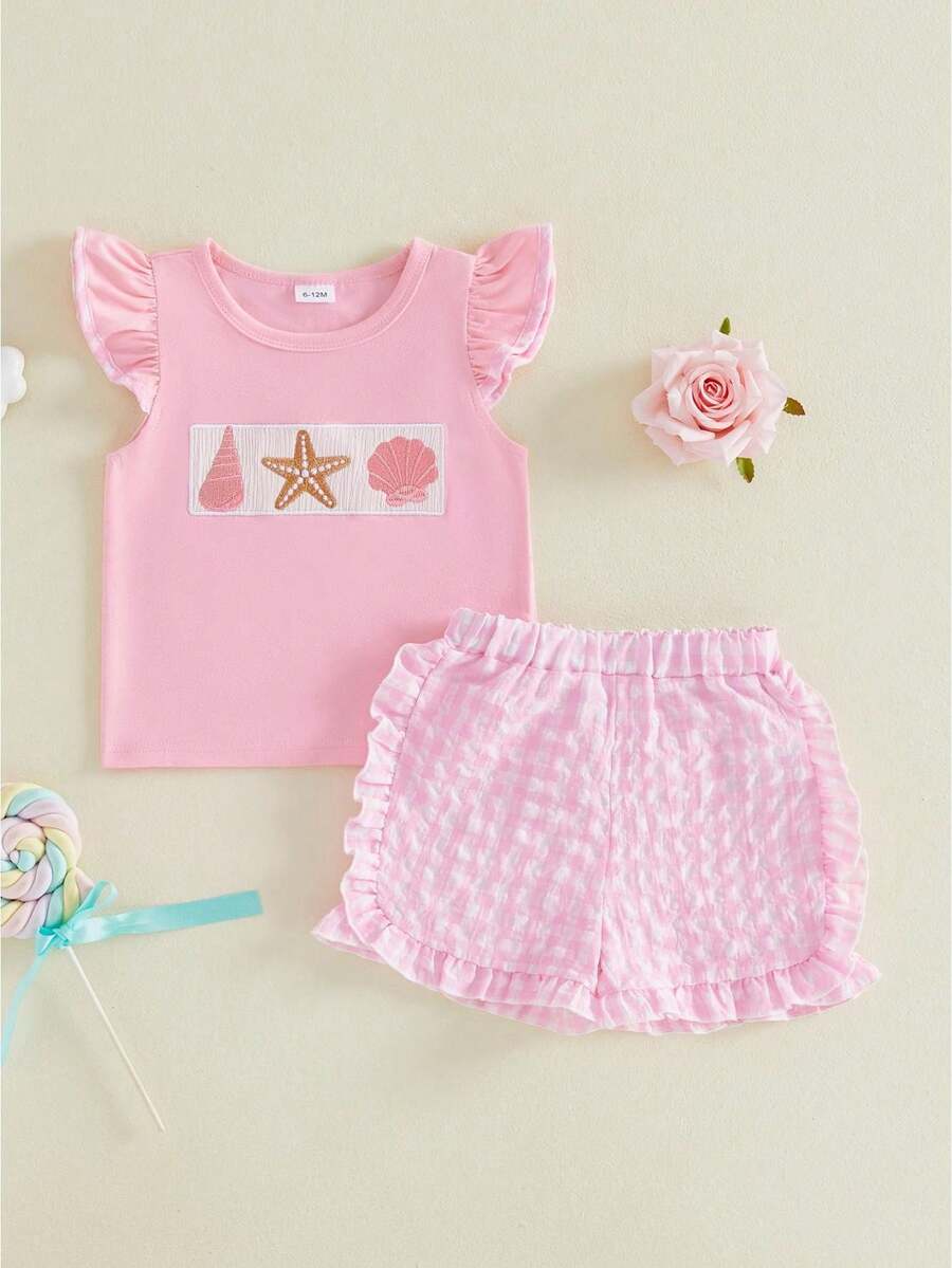 Toddler Baby Girl Outfit Summer Fly Sleeve Starfish Seashell Embroidery T-Shirt Top Plaid Shorts 2PCS Clothes Set - 粉色 - 查看 1