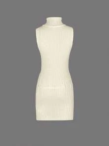 Women's Turtleneck Knit Bodycon Dress With Tie Waist, Slim Fit Mini Dress - Apricot - View 5