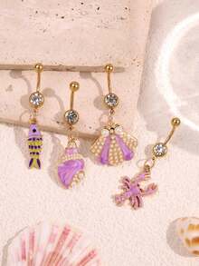 1件可爱、时尚、个性化、趣味、百搭的紫色海洋系列贝壳、龙虾、海螺吊坠肚脐环，沙滩度假风女性身体饰品 - 彩色 - 查看 2
